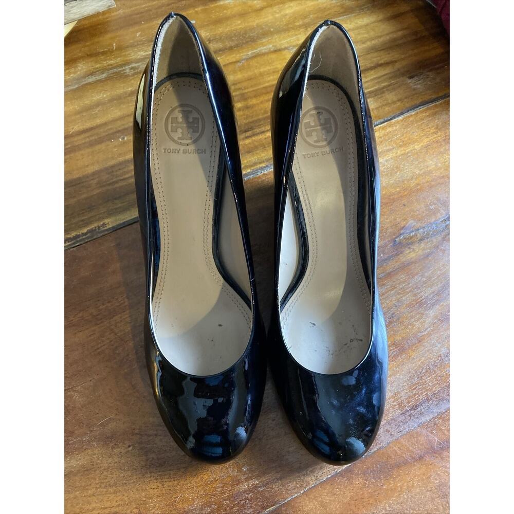 Tory Burch Womens Round Toe Wedge Shoe Black Patent Leather Size 9 - Picture 5 of 13